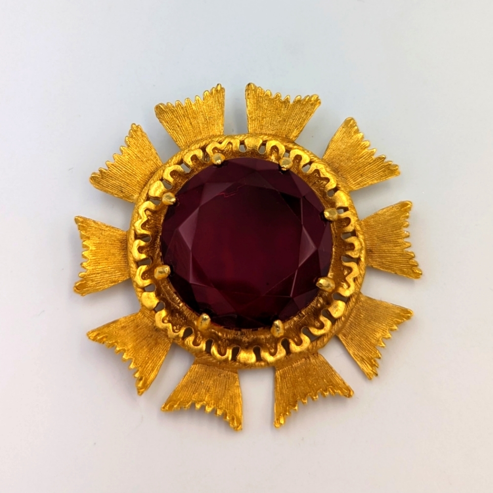 Benedikt NY Pinwheel Brooch/Pendant Huge Ruby Red Color Glass Faceted Crystal